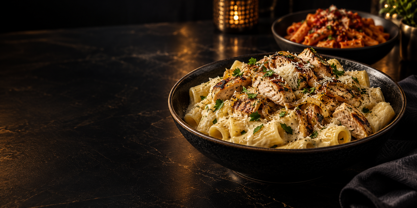 Creamy chicken Alfredo rigatoni with grilled chicken